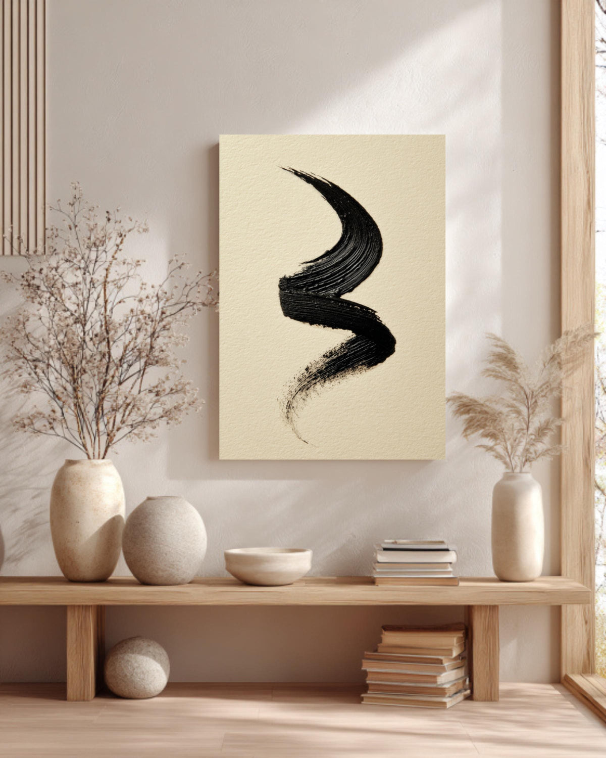 Black Ink Brushstroke Canvas Art, Modern Japandi Wall Decor