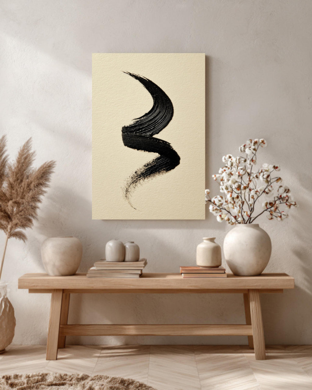 Black Ink Brushstroke Canvas Art, Modern Japandi Wall Decor