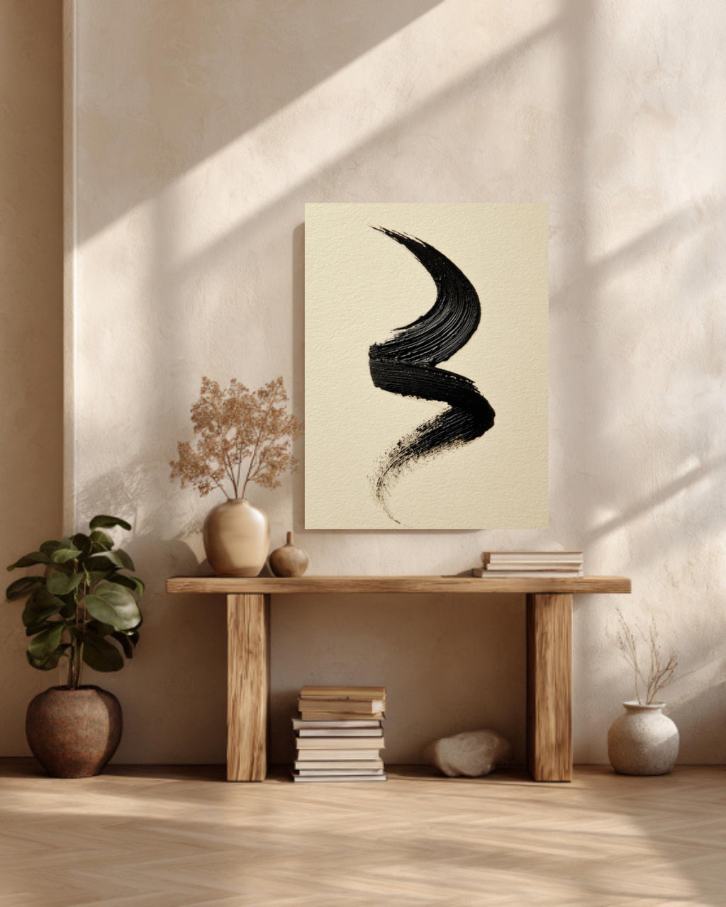 Black Ink Brushstroke Canvas Art, Modern Japandi Wall Decor