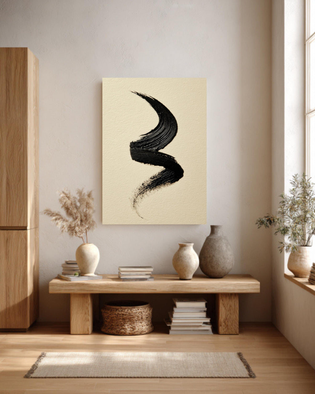 Black Ink Brushstroke Canvas Art, Modern Japandi Wall Decor
