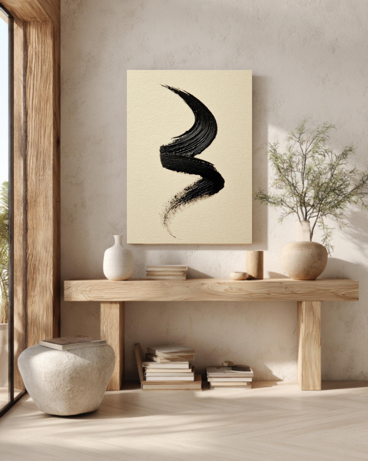 Black Ink Brushstroke Canvas Art, Modern Japandi Wall Decor