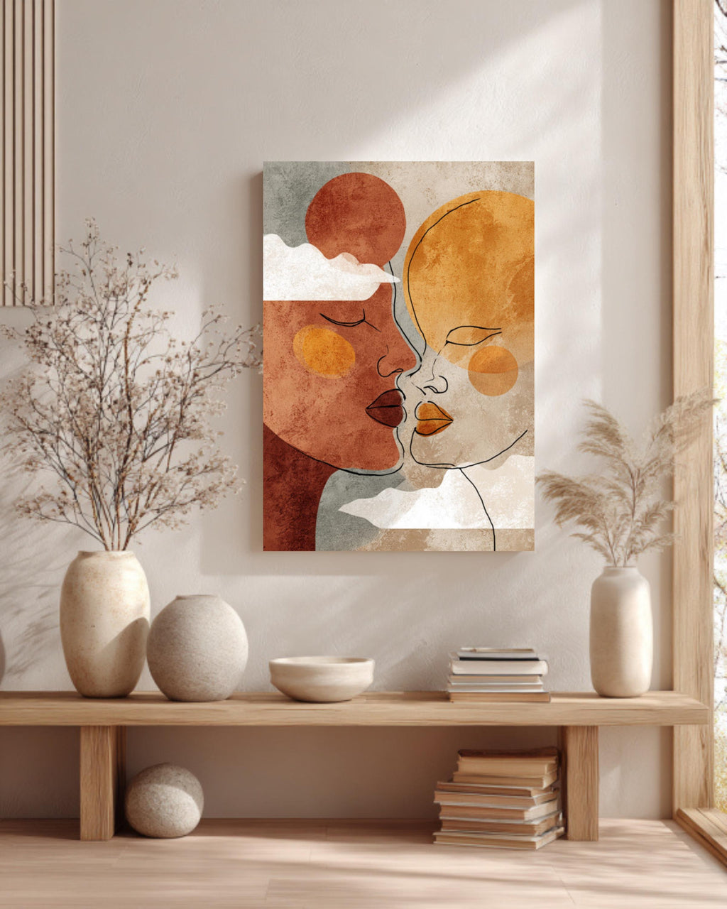 Boho Couple Line Art Canvas Print: Terracotta Sun & Moon