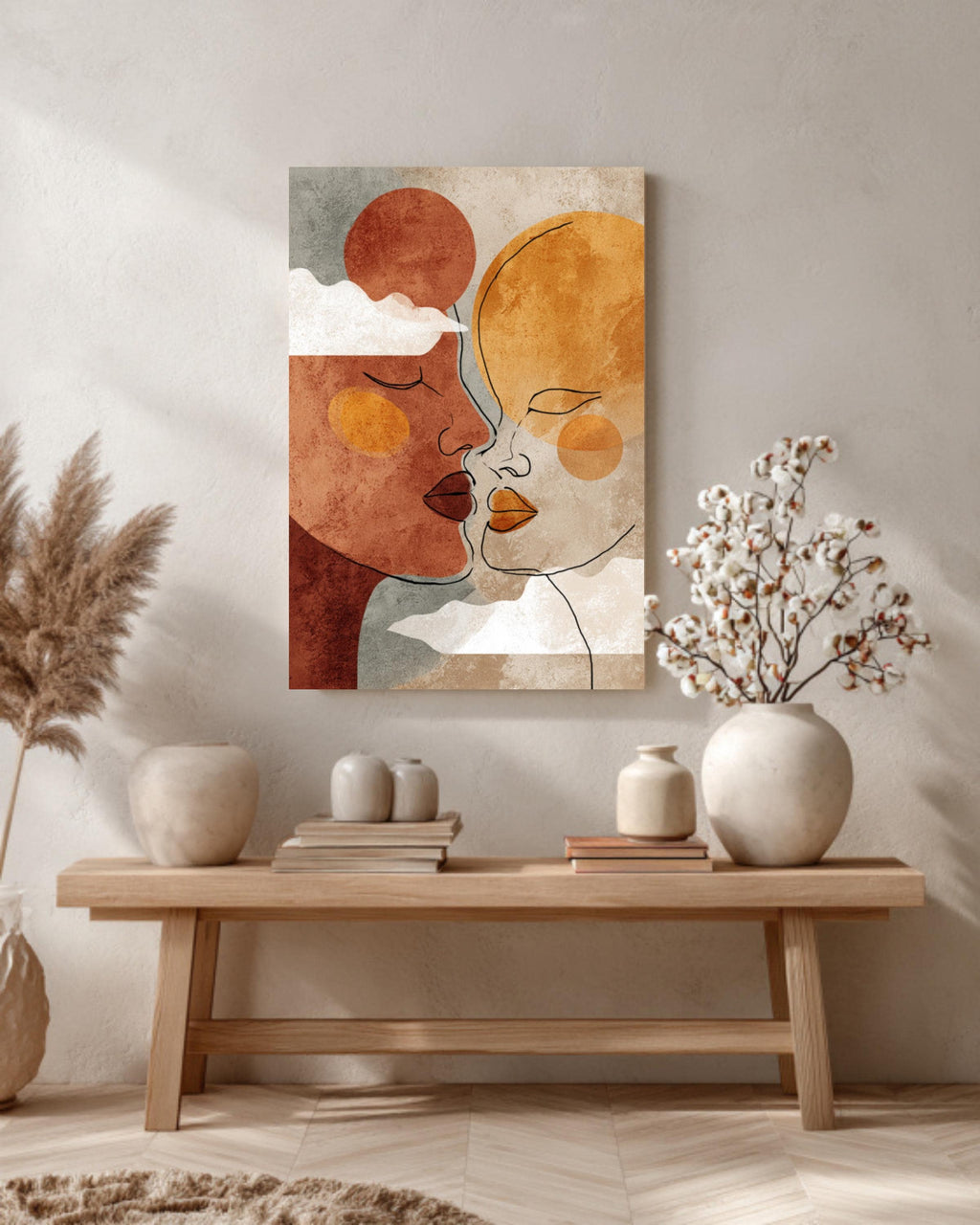 Boho Couple Line Art Canvas Print: Terracotta Sun & Moon