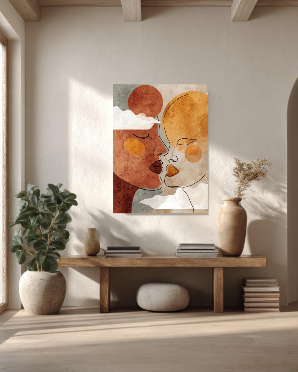 Boho Couple Line Art Canvas Print: Terracotta Sun & Moon