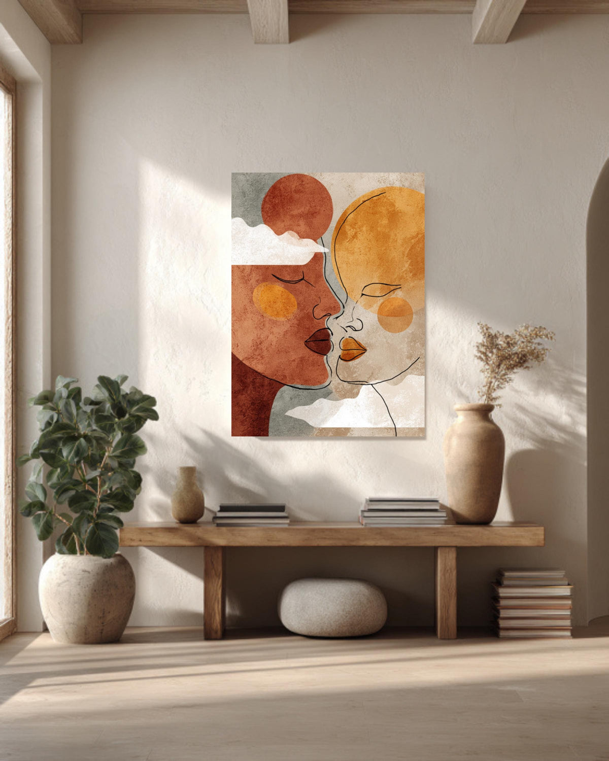 Boho Couple Line Art Canvas Print: Terracotta Sun & Moon