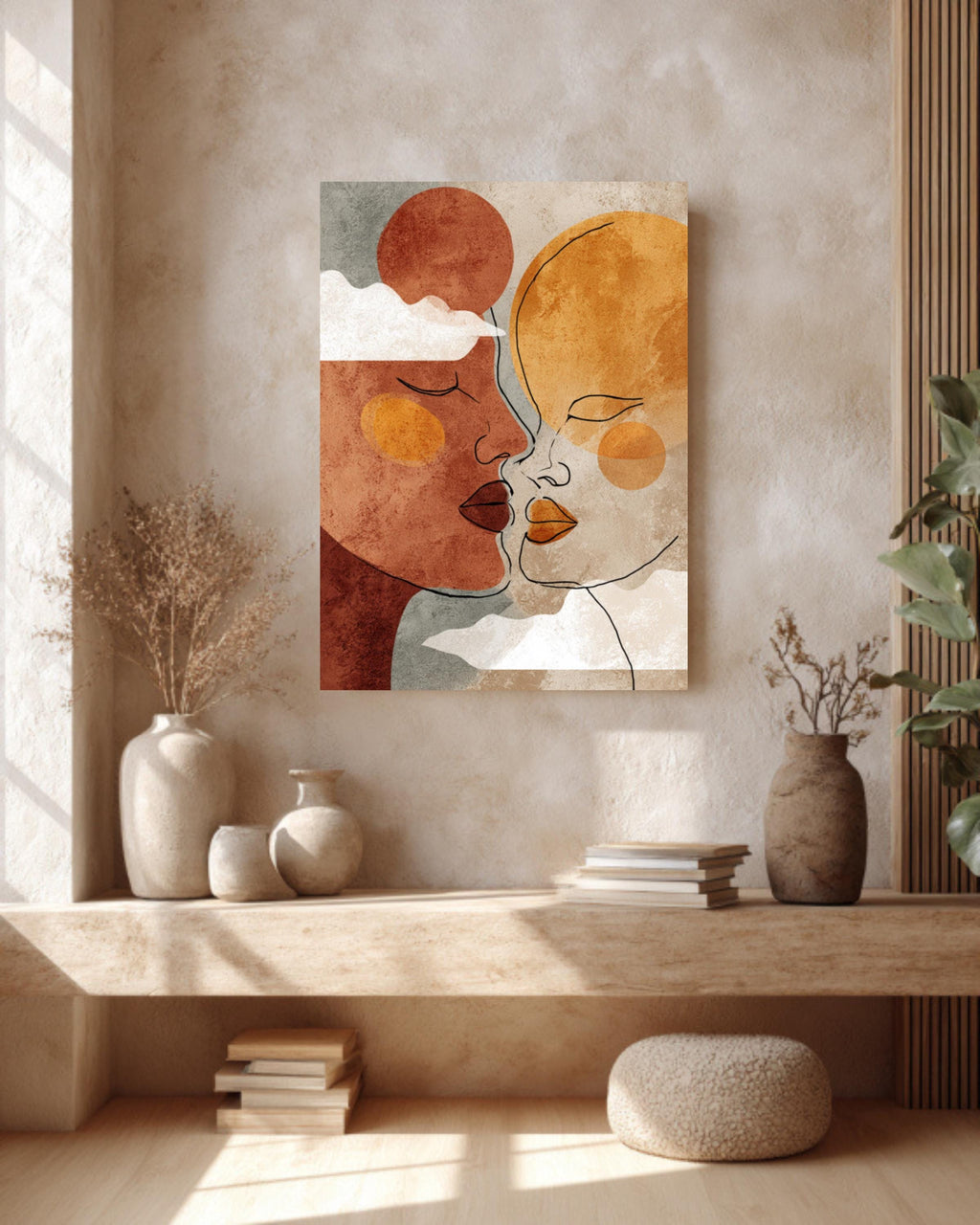 Boho Couple Line Art Canvas Print: Terracotta Sun & Moon