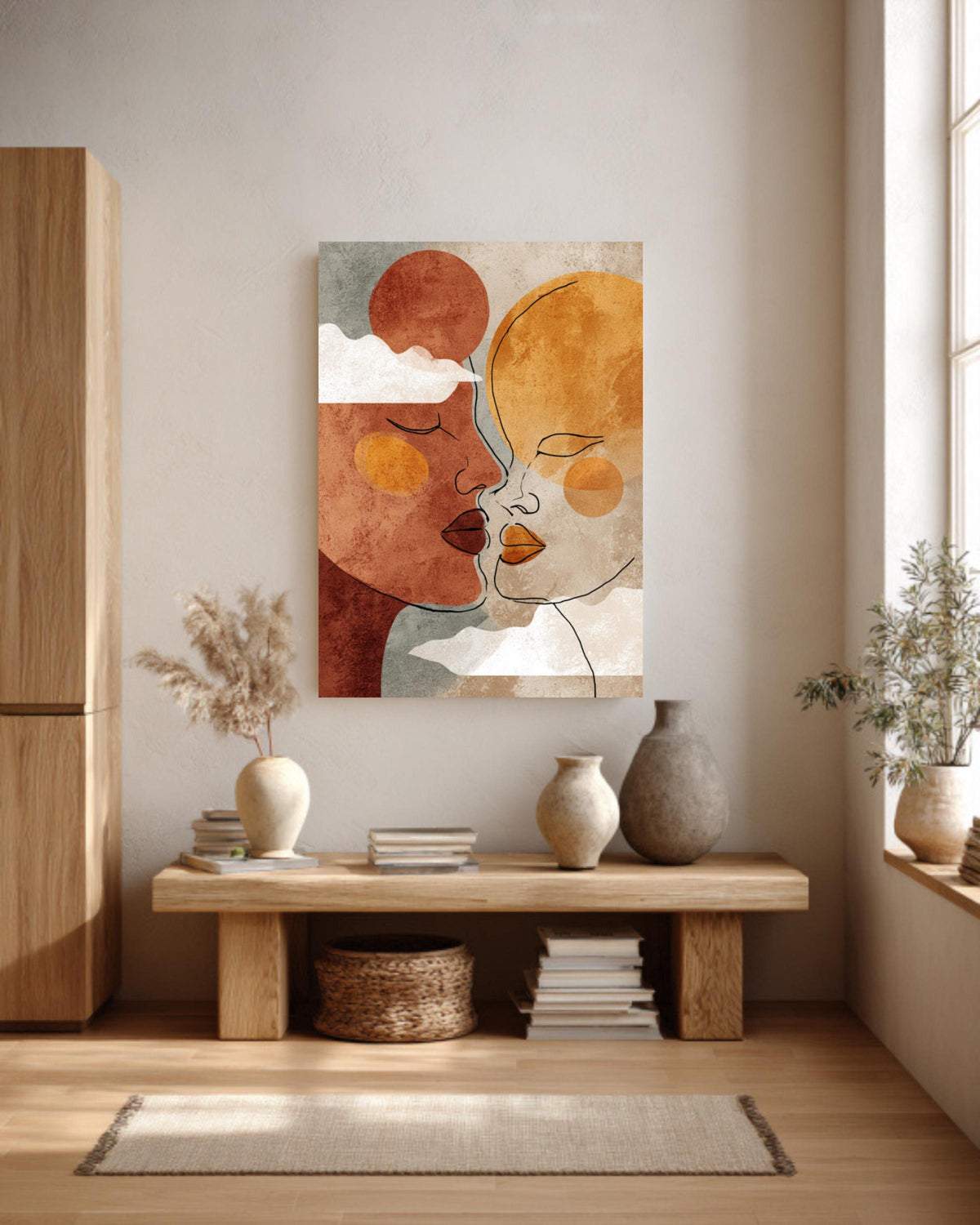 Boho Couple Line Art Canvas Print: Terracotta Sun & Moon