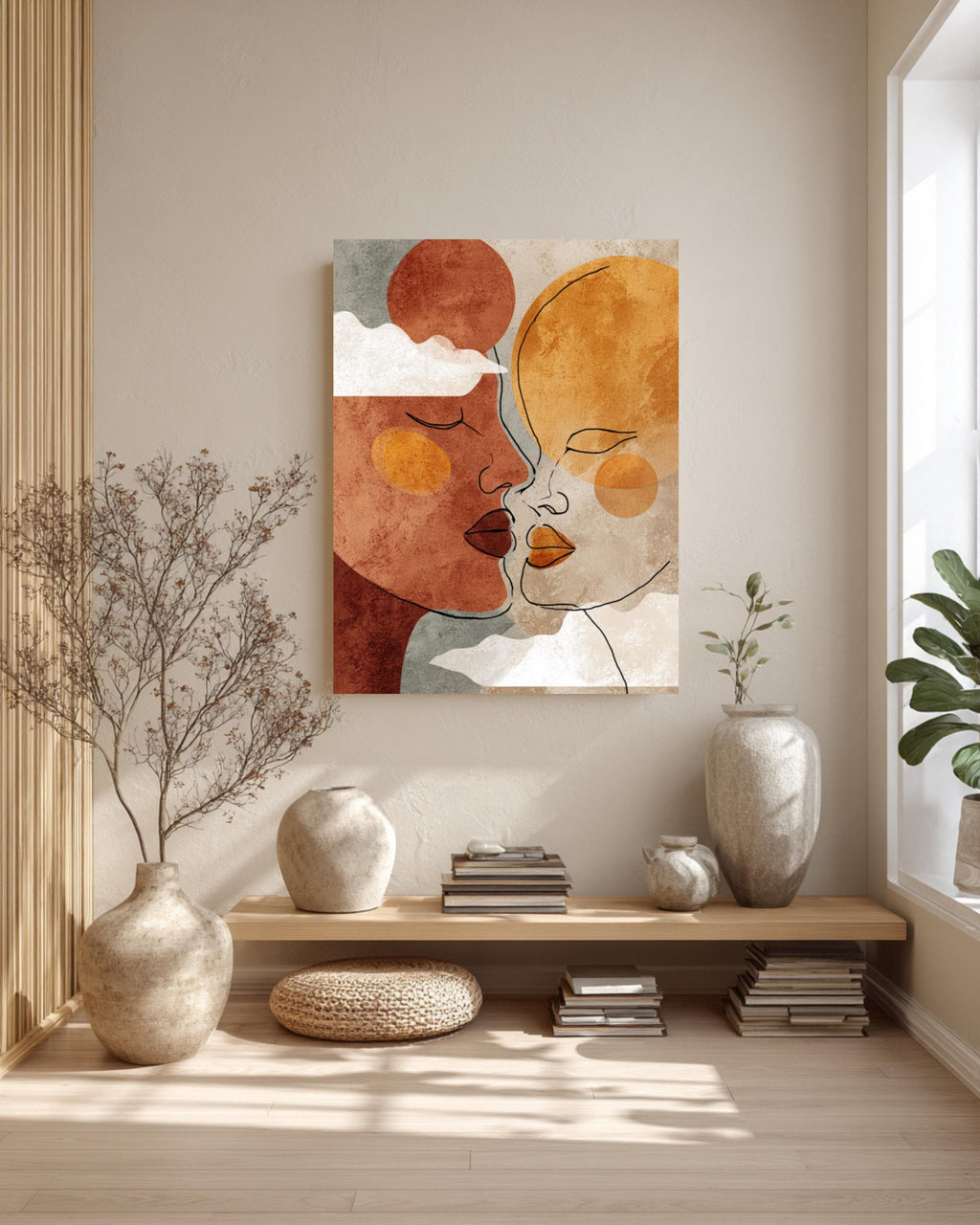 Boho Couple Line Art Canvas Print: Terracotta Sun & Moon