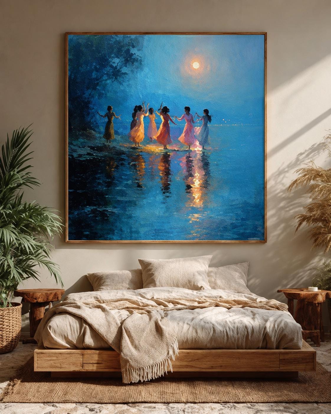 Moonlit Dancing Women Canvas Art, Whimsical Night Sky Painting